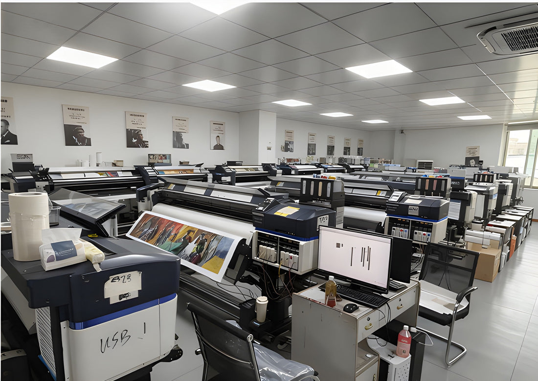 Real factory production workshop at Decor Art Factory showing Epson wide-format giclee printing line and computer workstations
