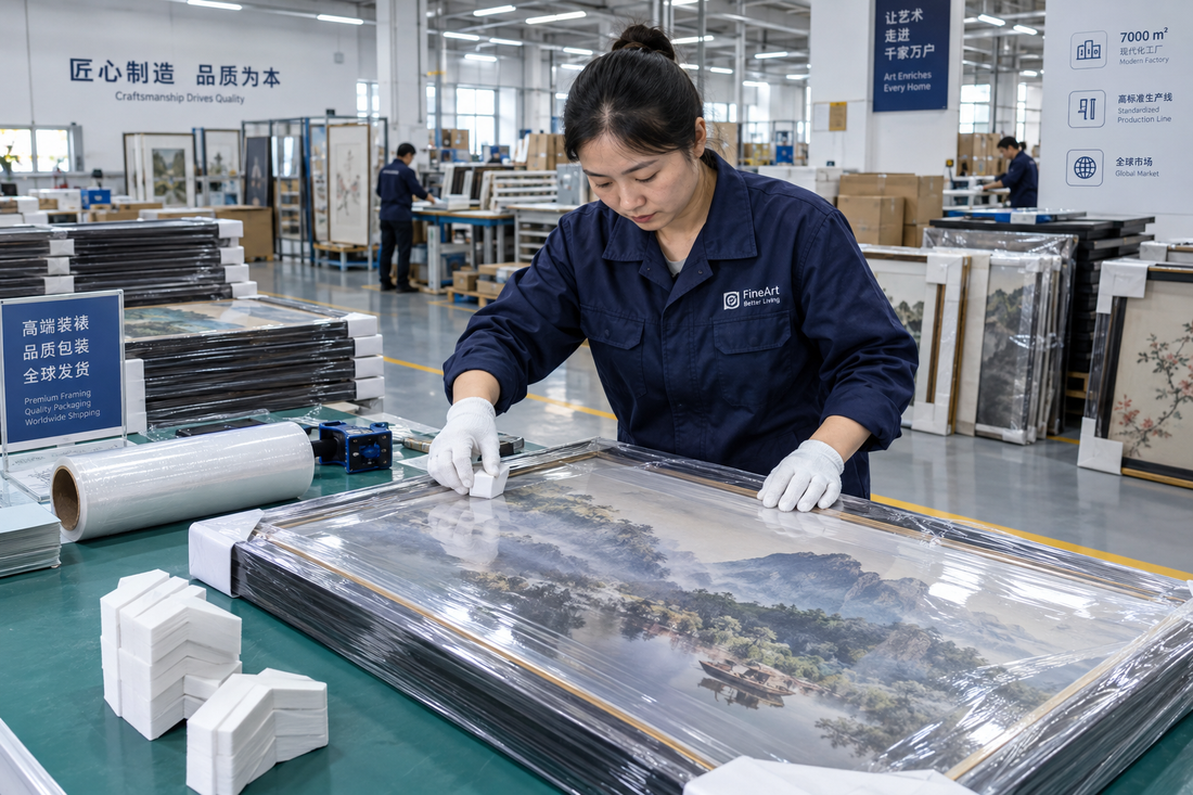 Reinforced molded corner protection and multi-layer packaging for wholesale framed canvas wall art