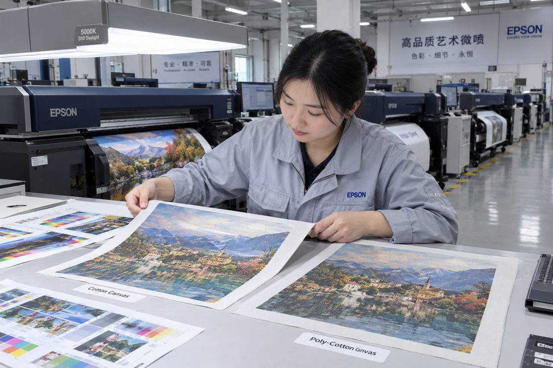 Factory quality technician calibrating 12-color Epson giclée printer and checking color proofing on fine art canvas