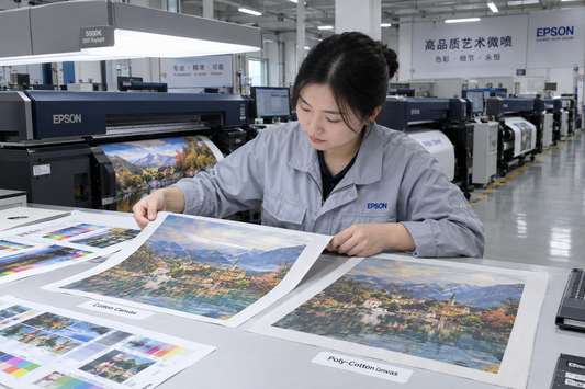 Factory quality technician calibrating 12-color Epson giclée printer and checking color proofing on fine art canvas