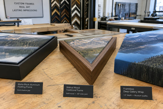 Close-up comparison of floating frame profile with 5mm shadow gap, traditional wood frame, and frameless gallery wrap