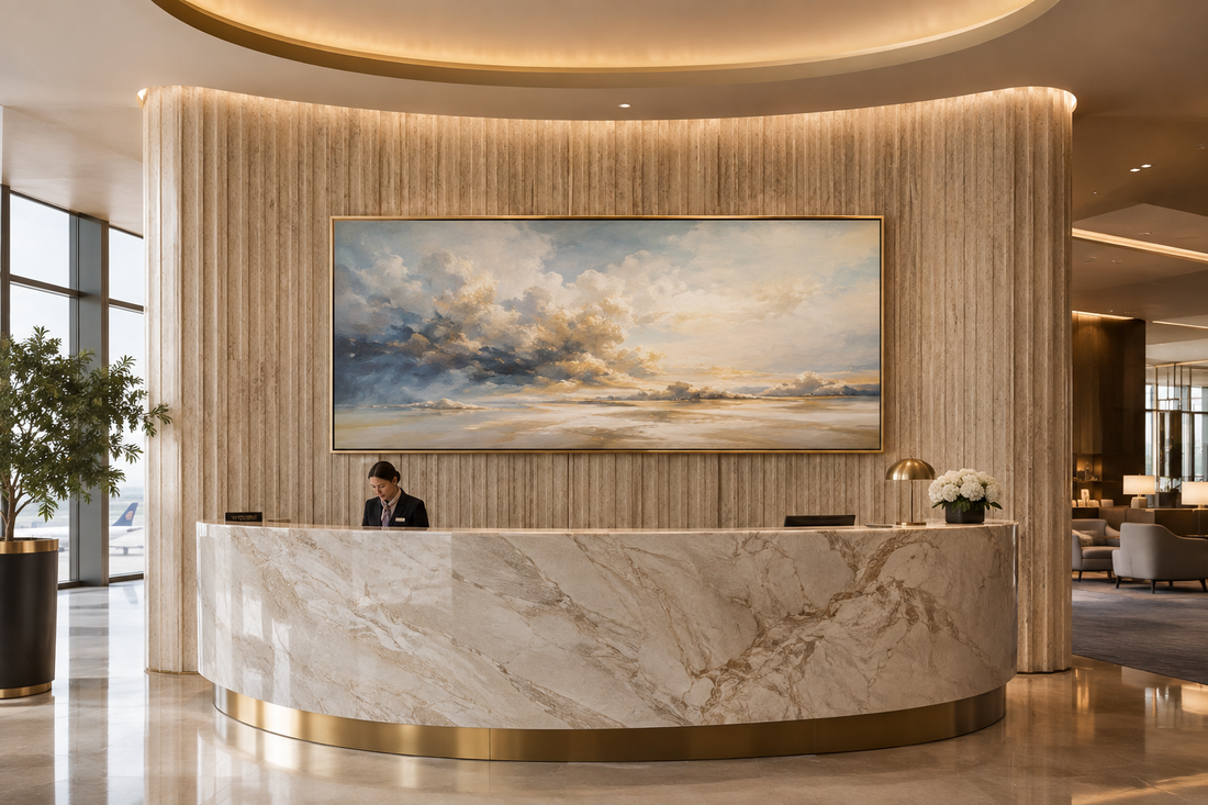 International airport first-class VIP lounge reception with champagne gold framed panoramic abstract sky canvas wall art