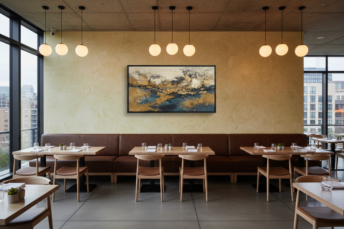 Modern upscale restaurant dining room with horizontal framed abstract canvas wall art above leather booth