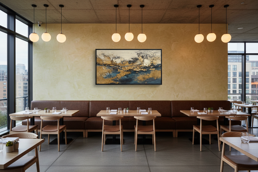 Modern upscale restaurant dining room with horizontal framed abstract canvas wall art above leather booth