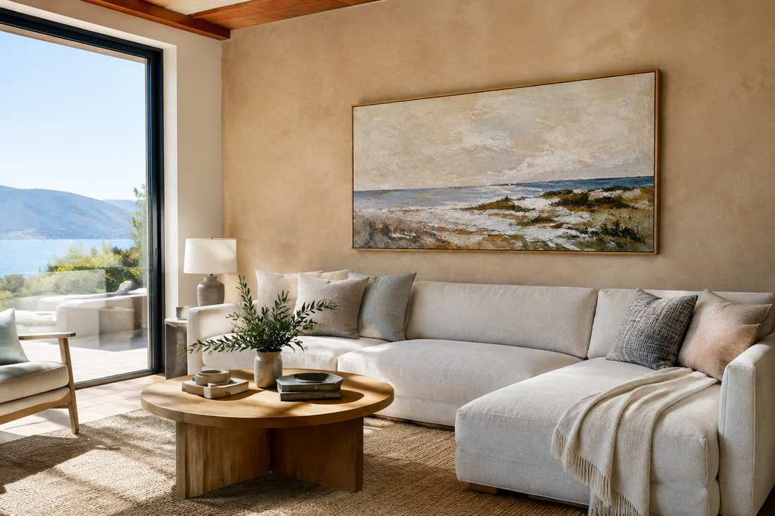 Design-forward vacation rental living room with light oak framed horizontal landscape canvas wall art above modern sofa