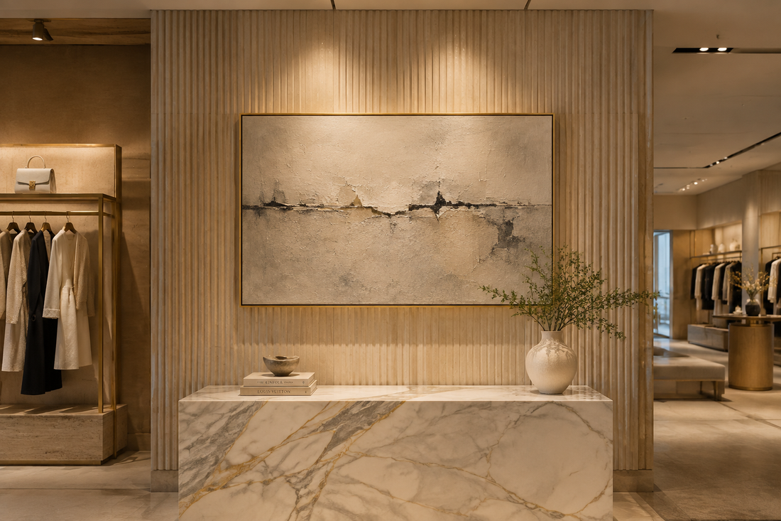 Upscale luxury fashion boutique showroom with champagne gold framed minimalist abstract canvas wall art