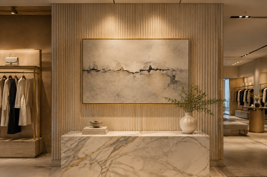Upscale luxury fashion boutique showroom with champagne gold framed minimalist abstract canvas wall art