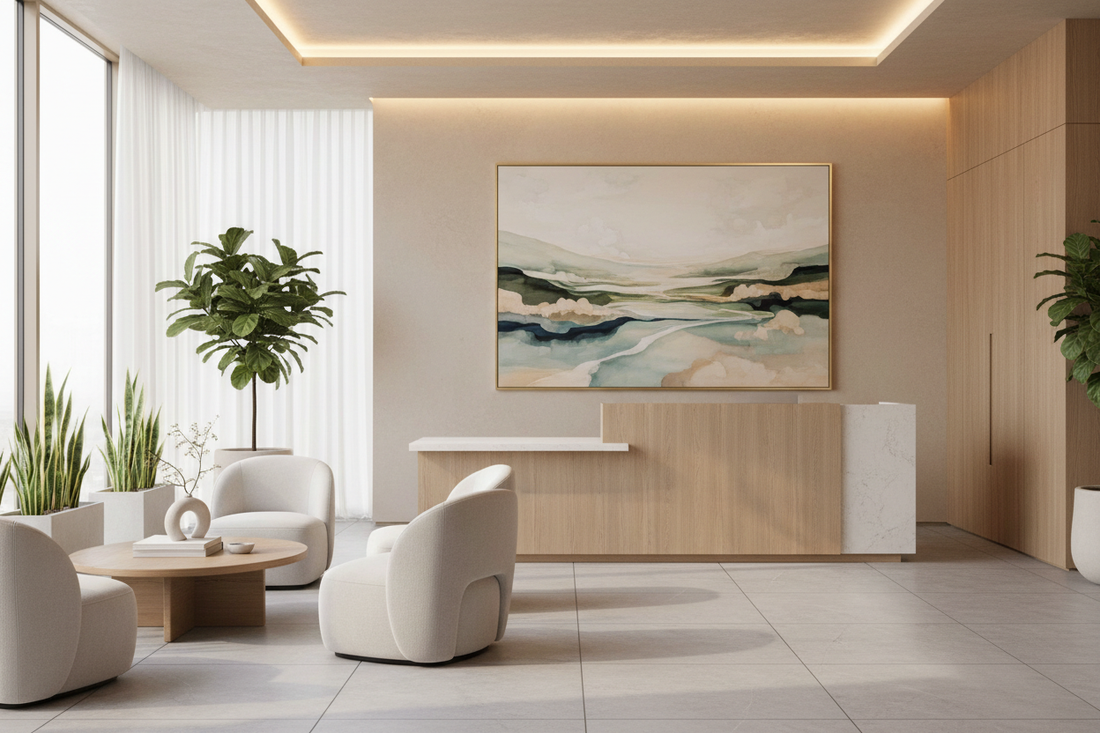 Modern luxury wellness clinic reception lounge with framed nature-inspired abstract canvas wall art