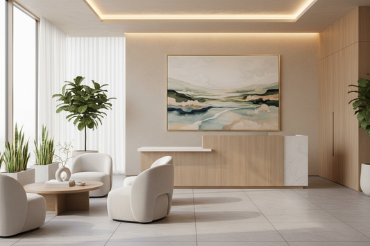 Modern luxury wellness clinic reception lounge with framed nature-inspired abstract canvas wall art