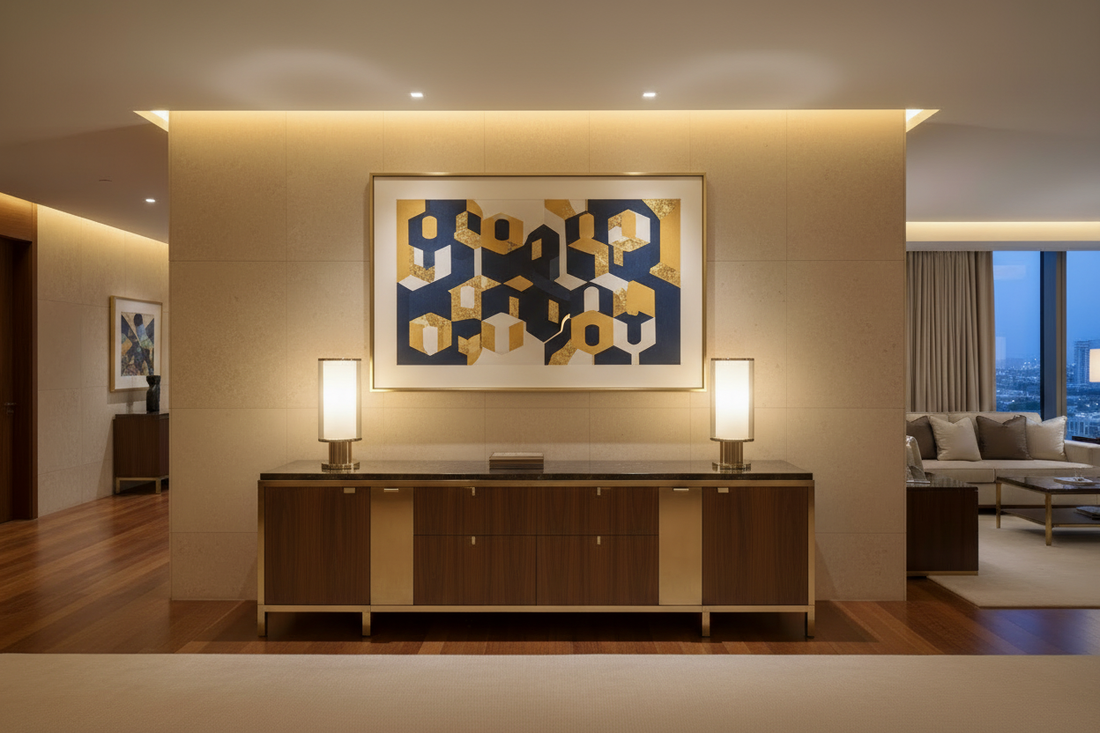 Luxury hotel wall art in champagne gold floating frame for Middle East hospitality interior