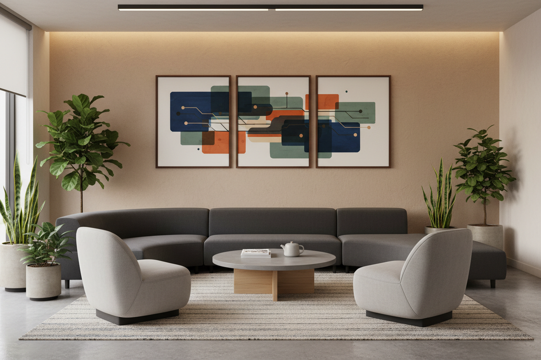 Modern corporate headquarters reception lobby with horizontal framed abstract canvas wall art