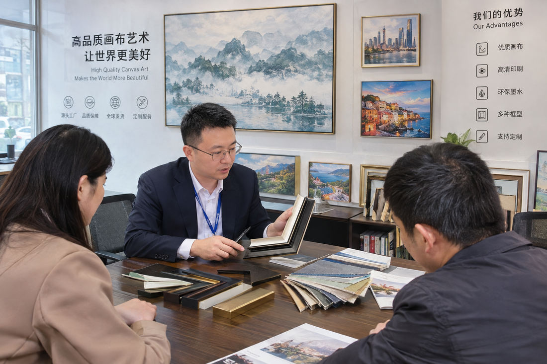 Chinese canvas art factory showroom with project manager explaining tiered wholesale pricing and framing samples