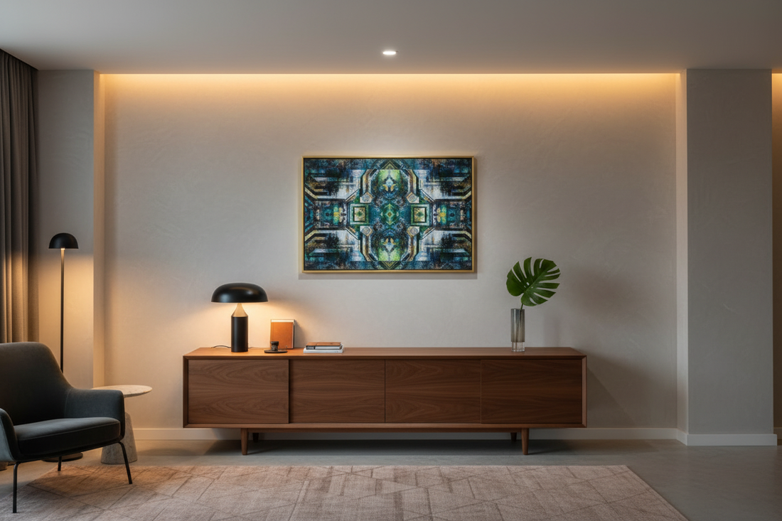 Custom canvas wall art production workbench with design proof sheet, canvas samples, and framing tools