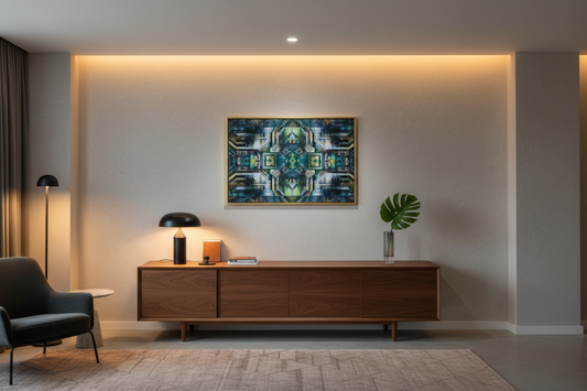 Custom canvas wall art production workbench with design proof sheet, canvas samples, and framing tools