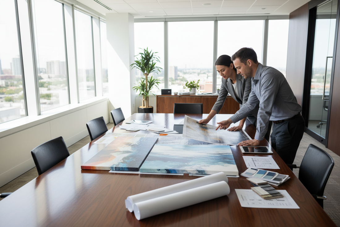 Commercial canvas wall art procurement planning mood board with samples and drawings