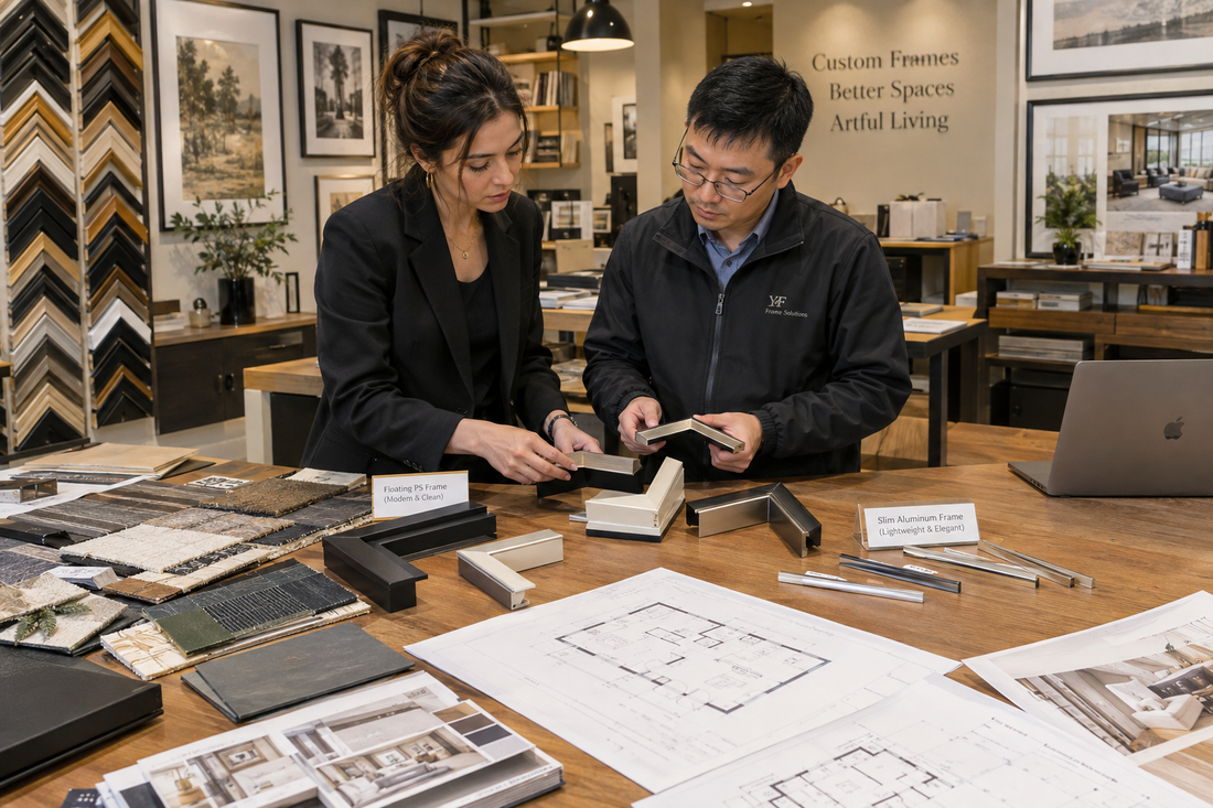 Interior designer and factory production manager reviewing frame moldings and architectural plans in art studio