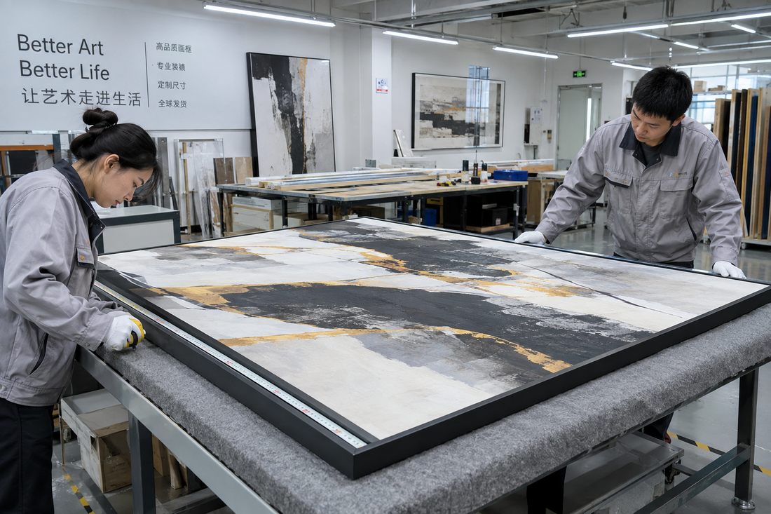 Two technicians inspecting a 2-meter oversized framed canvas print on factory workbench