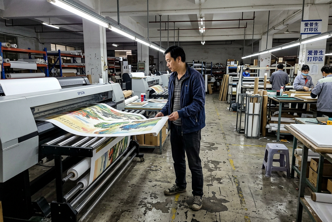 Chinese factory production manager reviewing wide-format giclee printed canvas roll output in Epson printing workshop