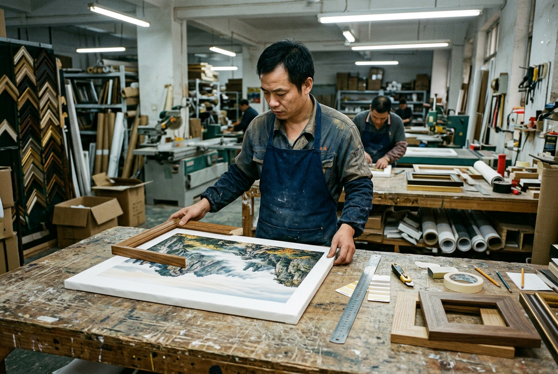 Master framer in factory workshop examining a fine art canvas print prototype with corner frame samples and steel ruler