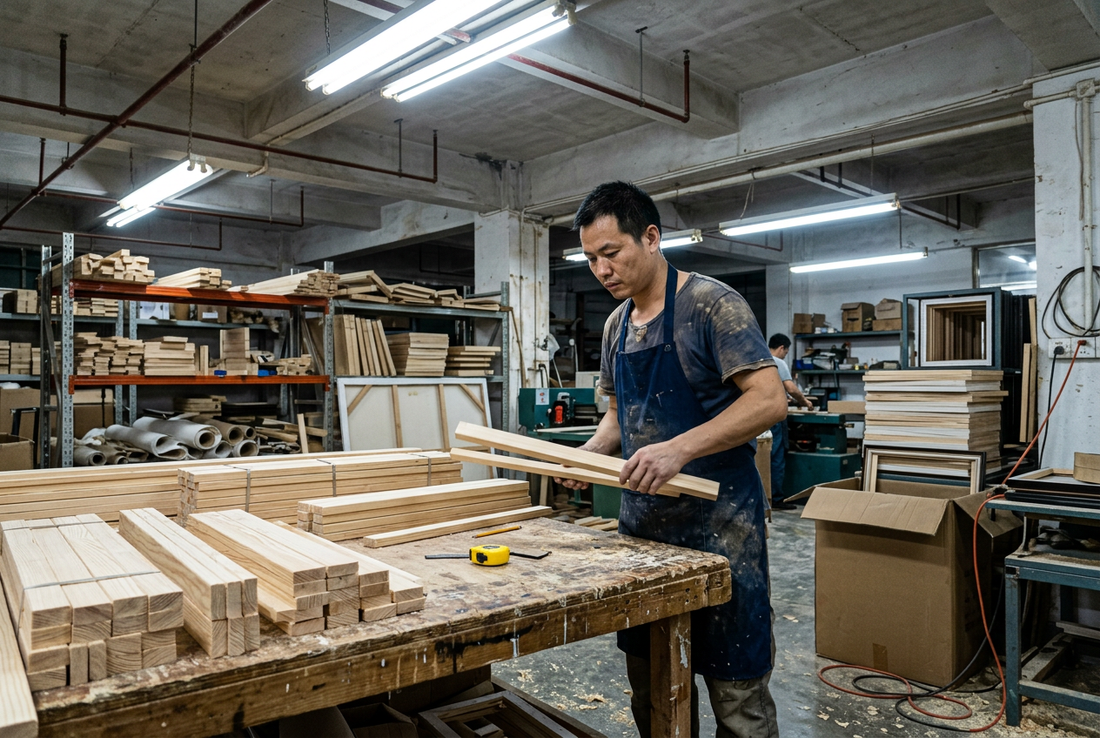 Authentic factory carpentry workbench with kiln-dried pine stretcher bars and assembly tools at Decor Art Factory