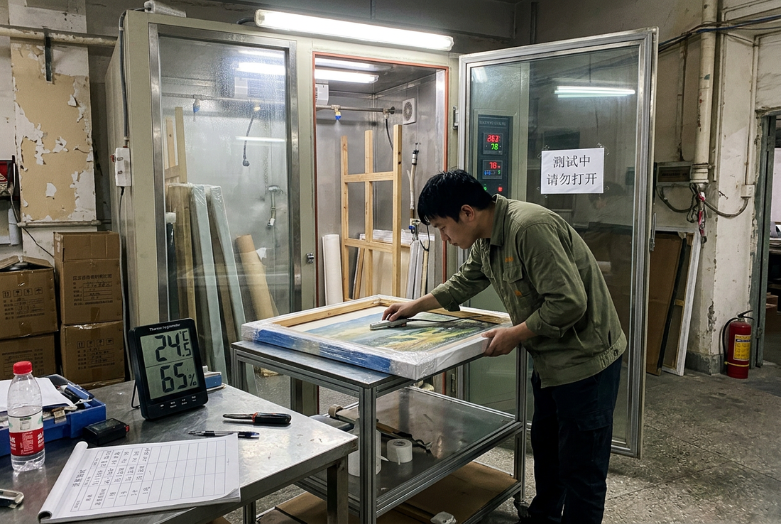 Chinese QA technician inspecting canvas art frame in factory environmental humidity testing chamber