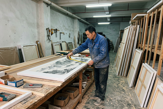Authentic Chinese carpenter in workshop measuring oversized stretched canvas art piece with yellow tape measure on a wooden workbench