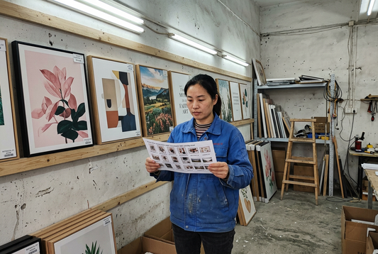 Chinese merchandising specialist holding printed SKU catalog sheet in factory showroom staging area with framed canvas art