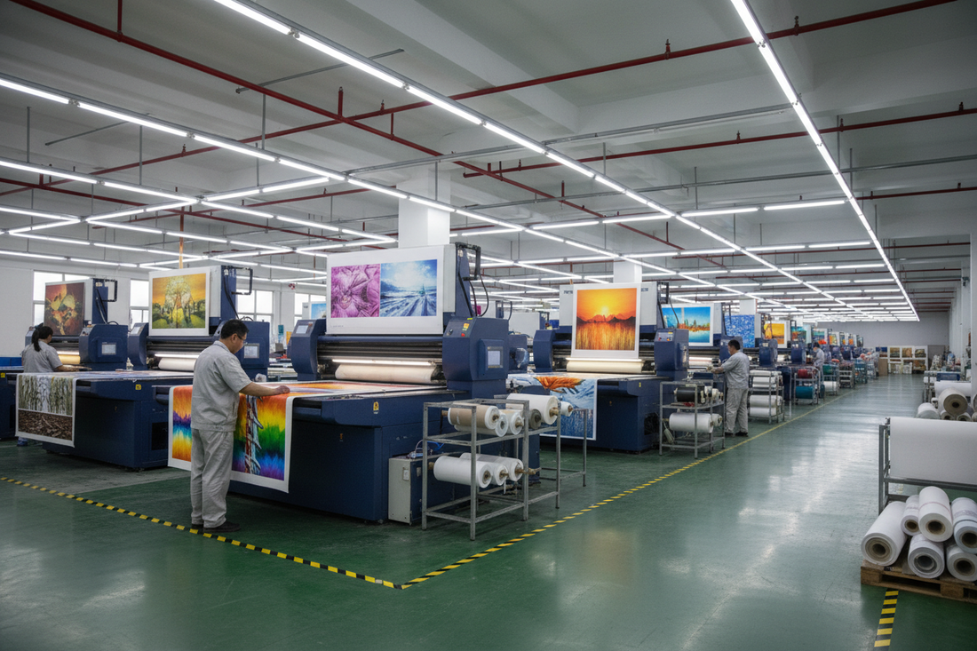 Canvas wall art factory production floor in China with UV flatbed printers