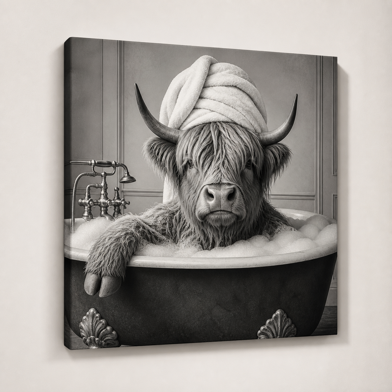 Funny Bathroom Animals Black & White Gallery Wrapped Canvas Wall Art