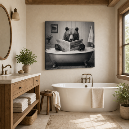 Funny Bathroom Animals Black & White Gallery Wrapped Canvas Wall Art