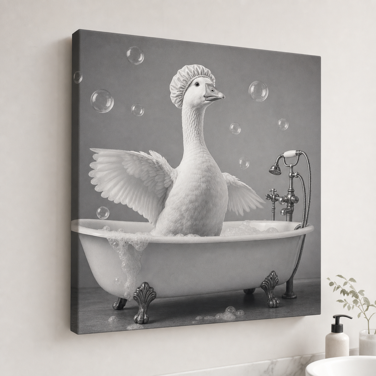 Funny Bathroom Animals Black & White Gallery Wrapped Canvas Wall Art