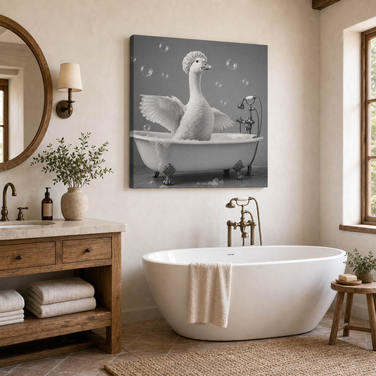 Funny Bathroom Animals Black & White Gallery Wrapped Canvas Wall Art