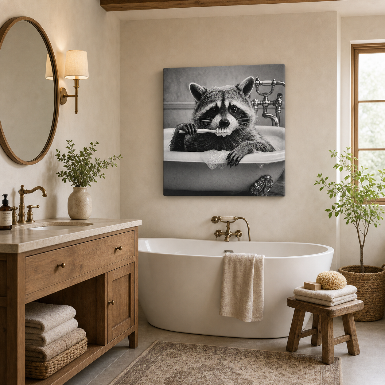 Funny Bathroom Animals Black & White Gallery Wrapped Canvas Wall Art
