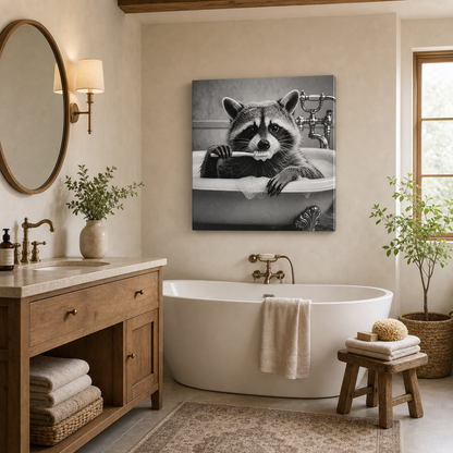 Funny Bathroom Animals Black & White Gallery Wrapped Canvas Wall Art