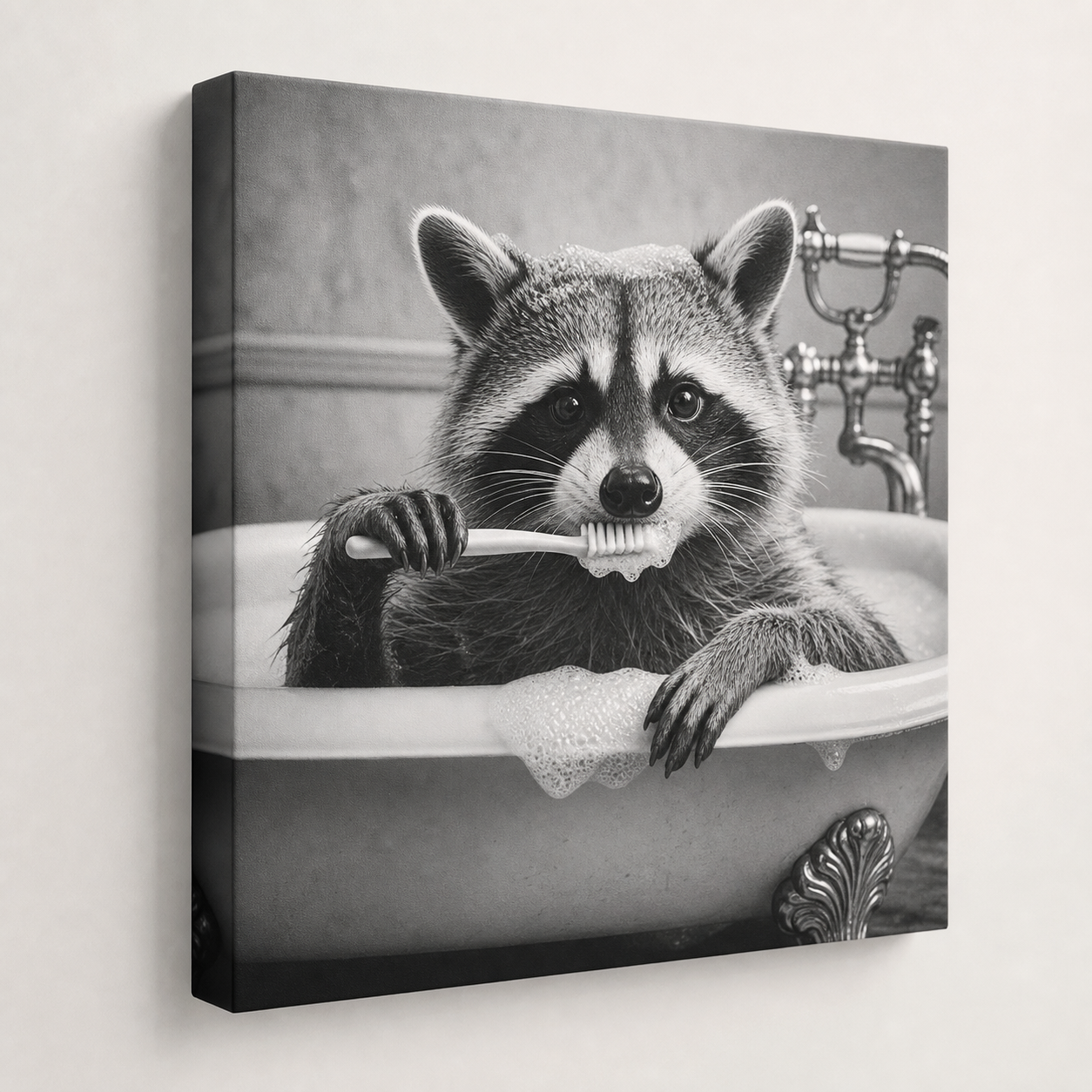 Funny Bathroom Animals Black & White Gallery Wrapped Canvas Wall Art