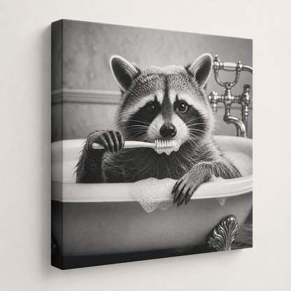 Funny Bathroom Animals Black & White Gallery Wrapped Canvas Wall Art
