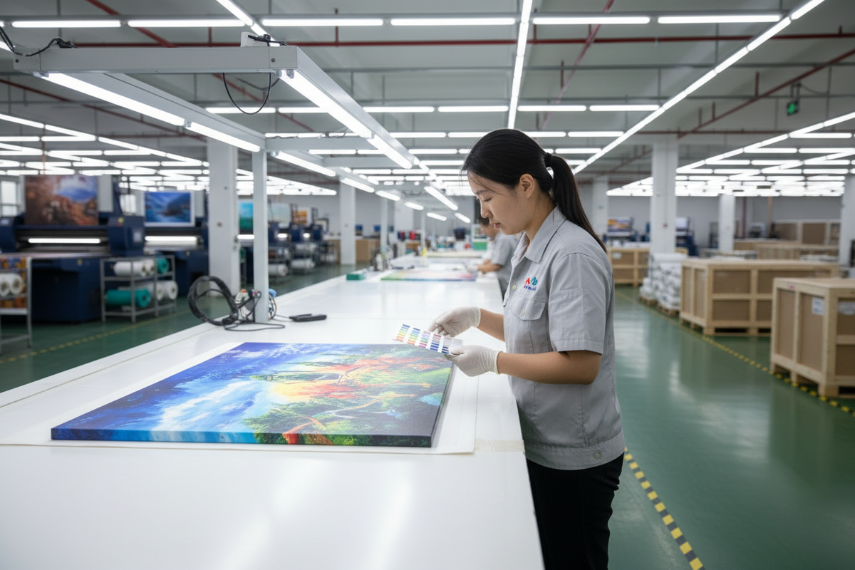 中国女性质检员在装饰画工厂对色核查