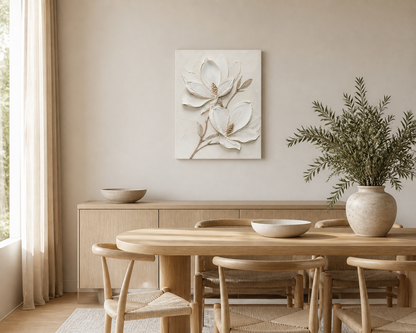 White textured floral canvas wall art - Ivory Magnolia room scene