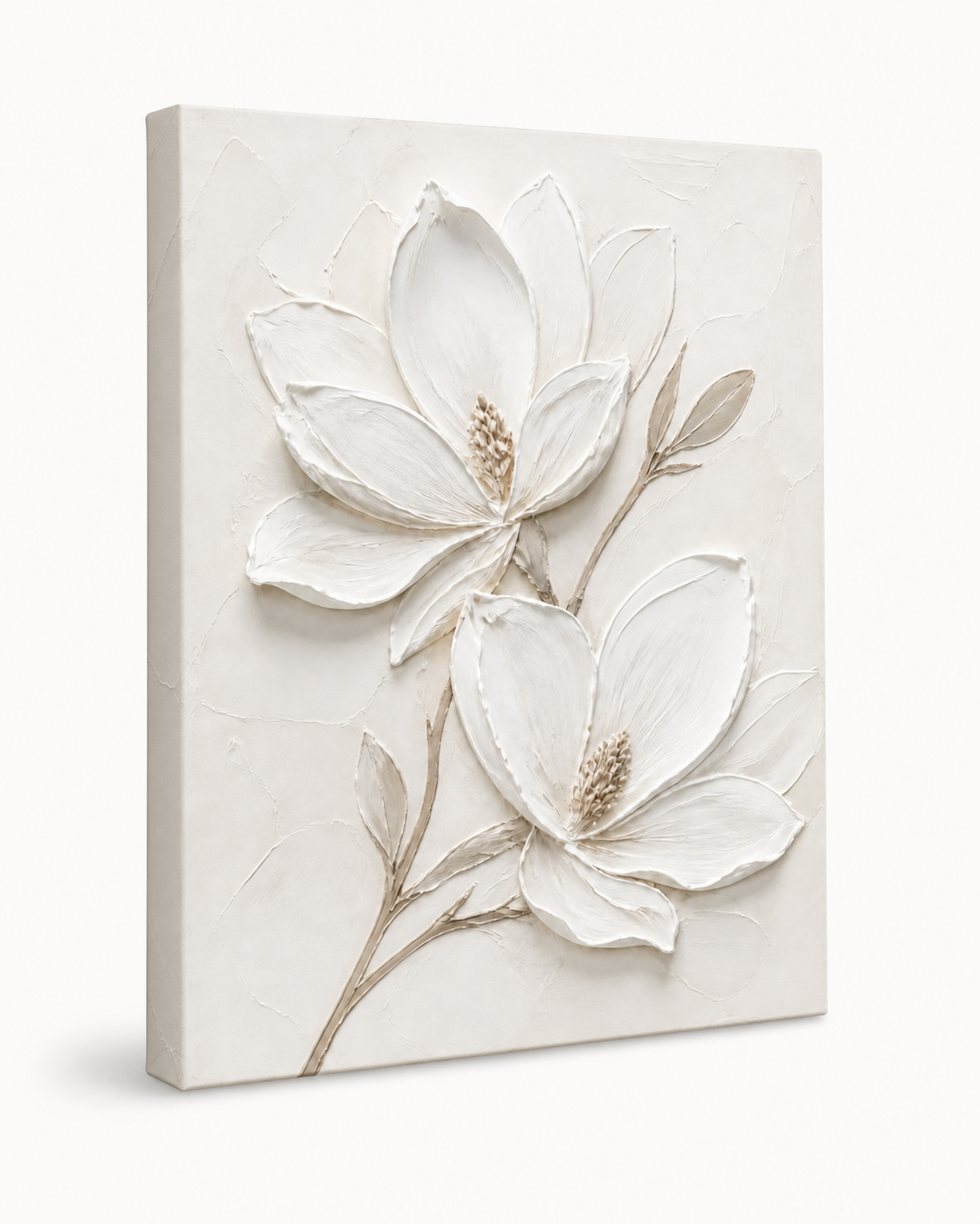 White textured floral canvas wall art - Ivory Magnolia side detail