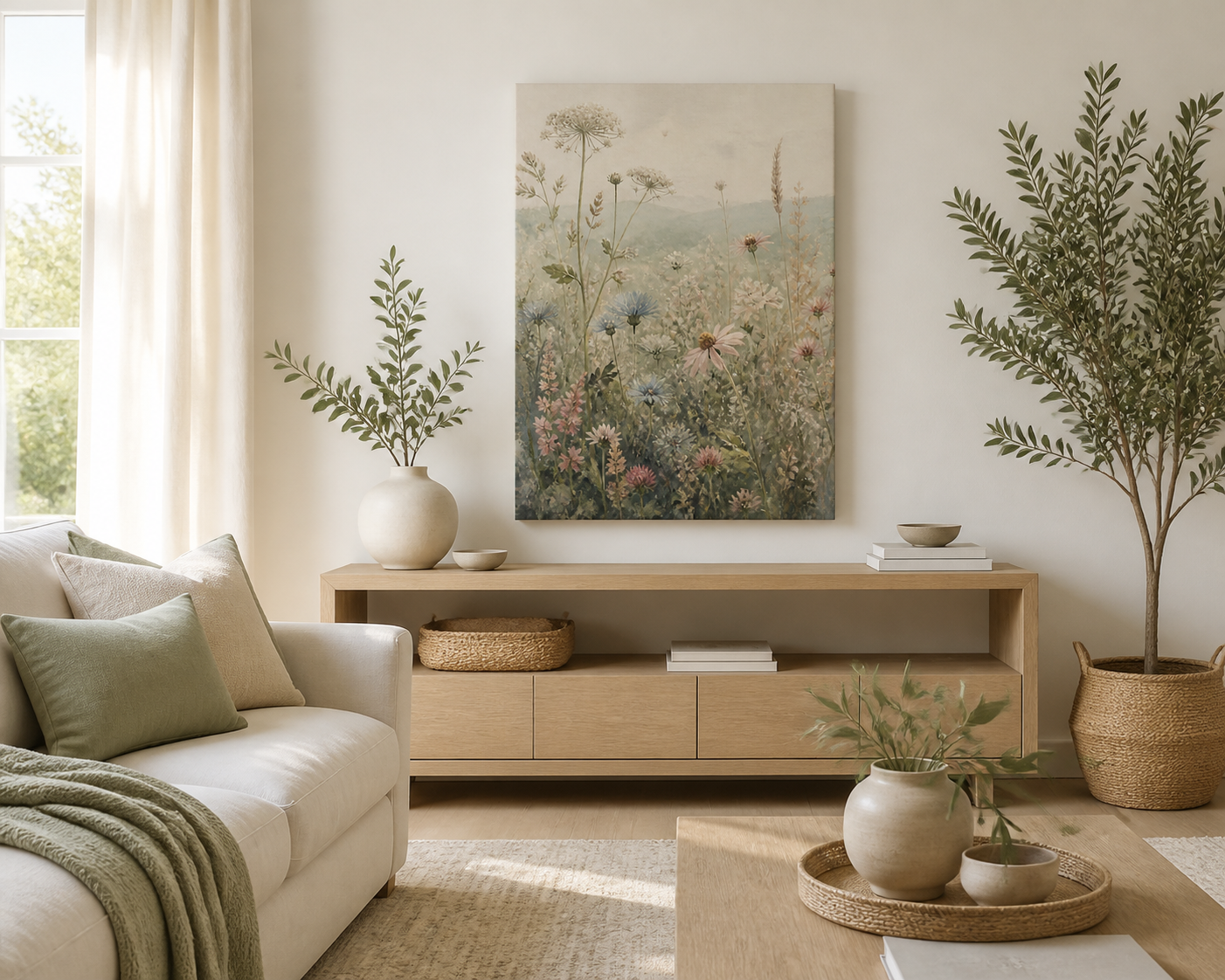 Misty Wildflower Meadow vintage botanical canvas wall art styled above a light oak console in a bright neutral living room