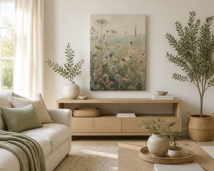 Misty Wildflower Meadow vintage botanical canvas wall art styled above a light oak console in a bright neutral living room