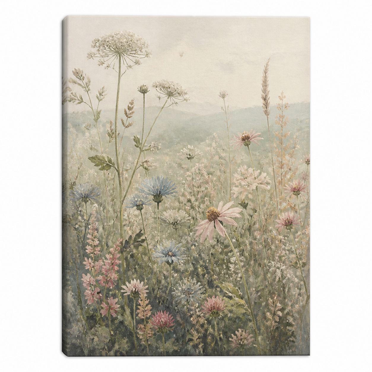 Misty Wildflower Meadow vintage botanical canvas wall art in soft sage, cream, blush, and dusty blue