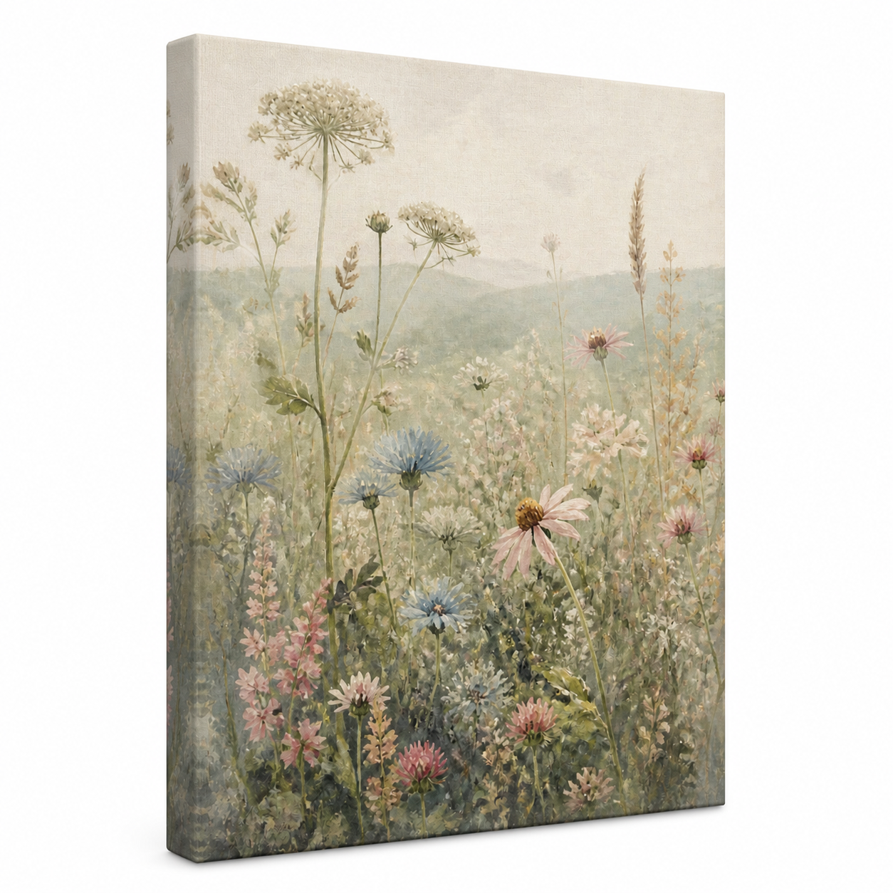 Misty Wildflower Meadow gallery-wrapped canvas wall art showing the printed wraparound edge and wood stretcher frame