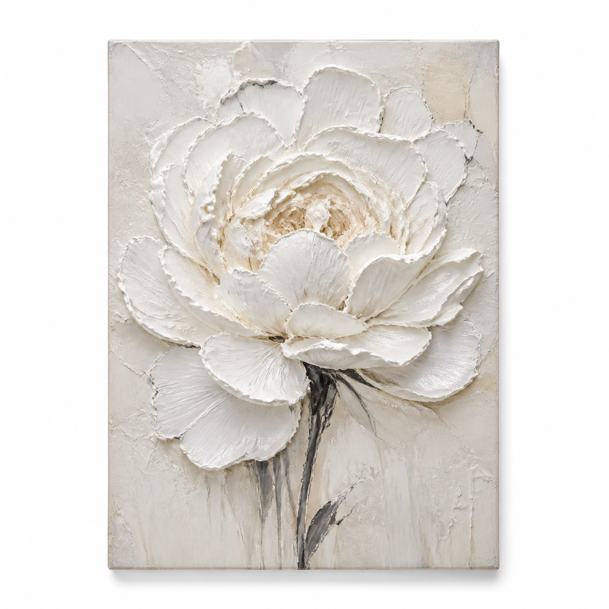 White textured floral canvas wall art - Pearl Peony front view