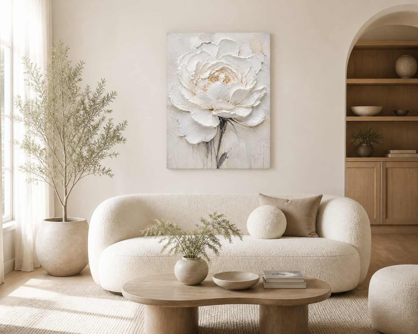 White textured floral canvas wall art - Pearl Peony room scene