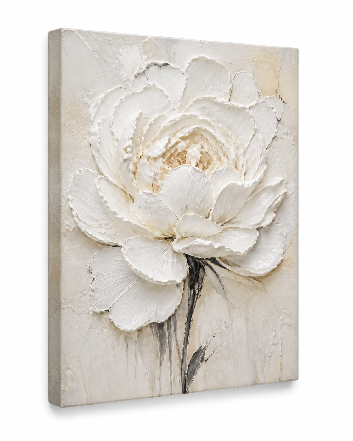 White textured floral canvas wall art - Pearl Peony side detail