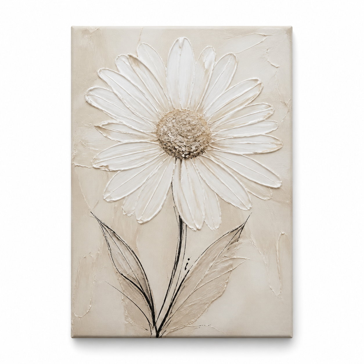 White textured floral canvas wall art - Sandstone Daisy front view