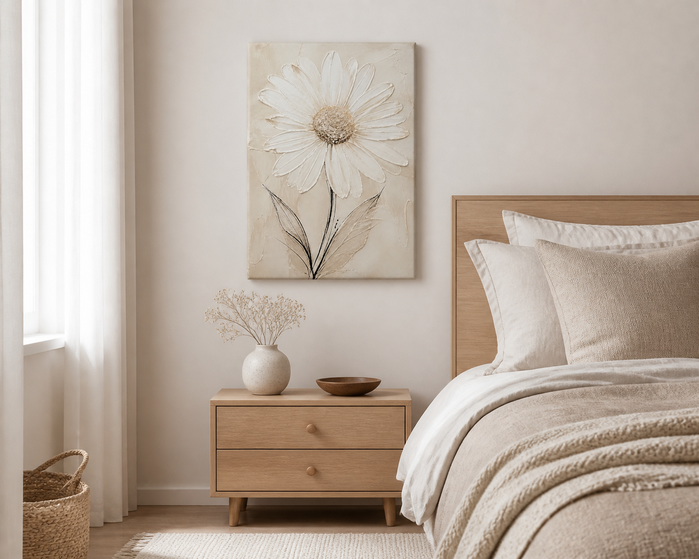 White textured floral canvas wall art - Sandstone Daisy room scene