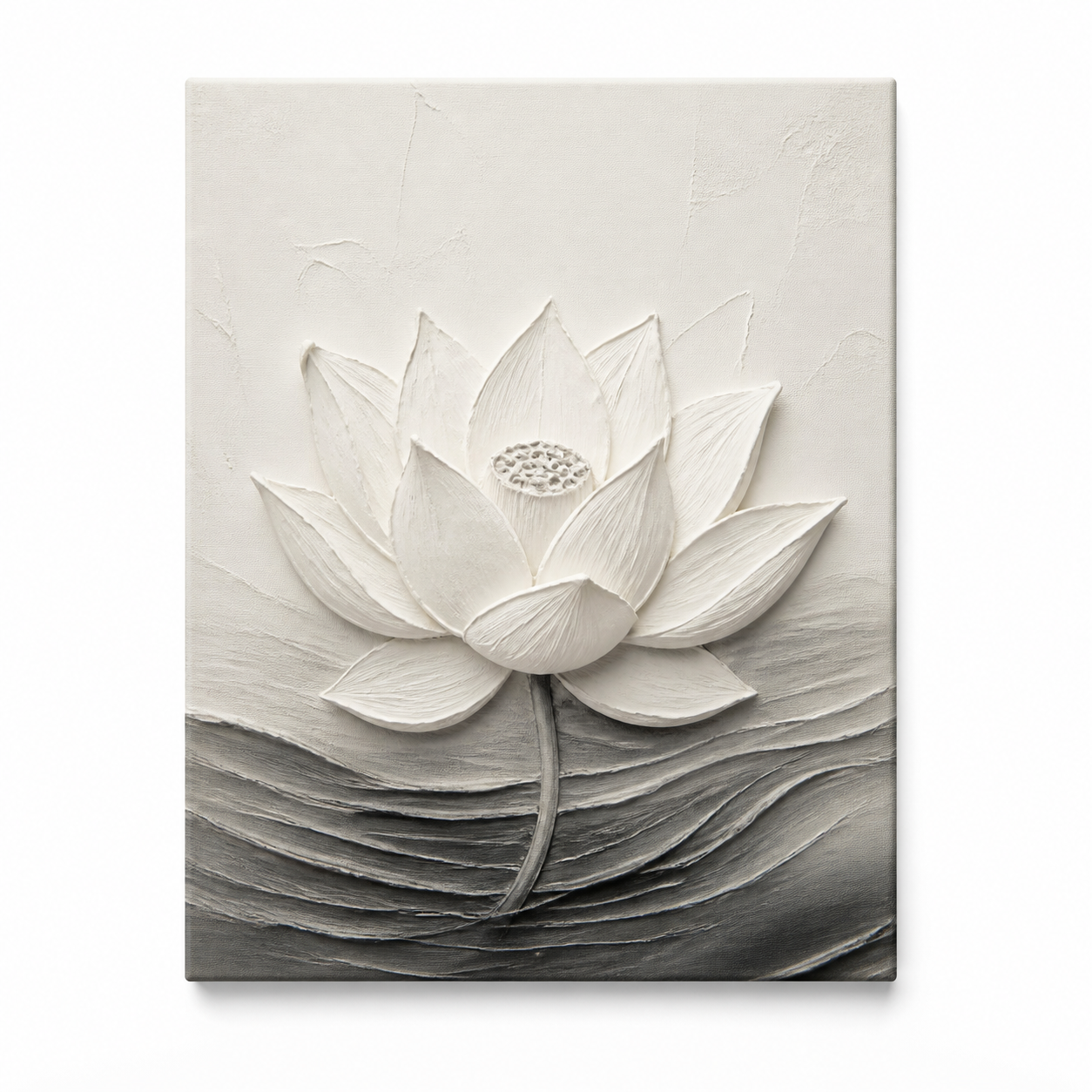 White textured floral canvas wall art - Zen Lotus front view