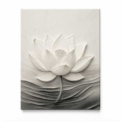 White textured floral canvas wall art - Zen Lotus front view